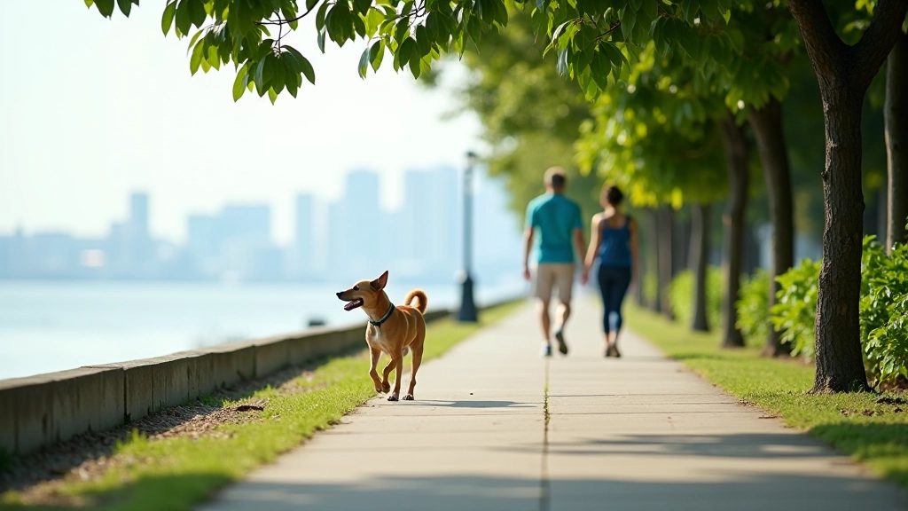 Waterfront park with multiple pathways, trees providing shade, dog walkers on the paths, coastal backdrop, bright daylight