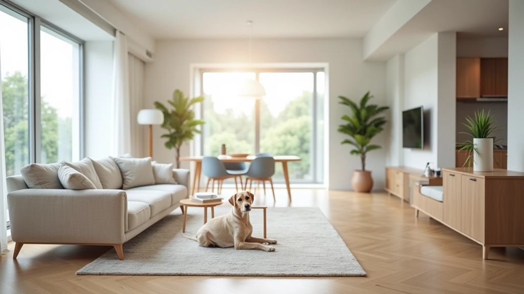 Modern apartment living room with large windows overlooking neighborhood, light-filled space with contemporary furniture