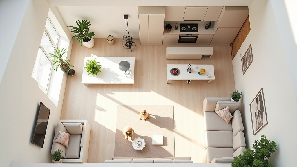 Modern apartment floor plan layout with open-concept living space, hardwood flooring visible, minimal obstacles for pet movement