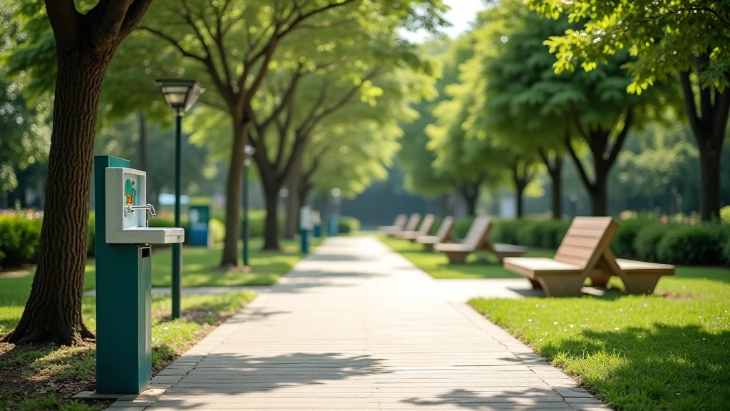 Close-up of park facilities including water station, seating area, waste bins, well-maintained pathways