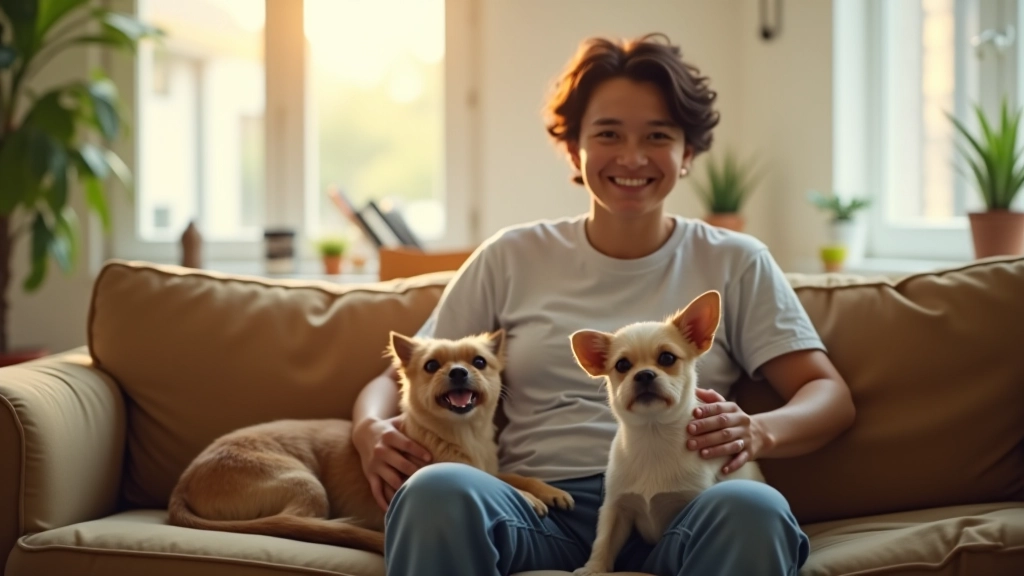 Pet owner with multiple animals in apartment living space, cat and dog together in comfortable home environment