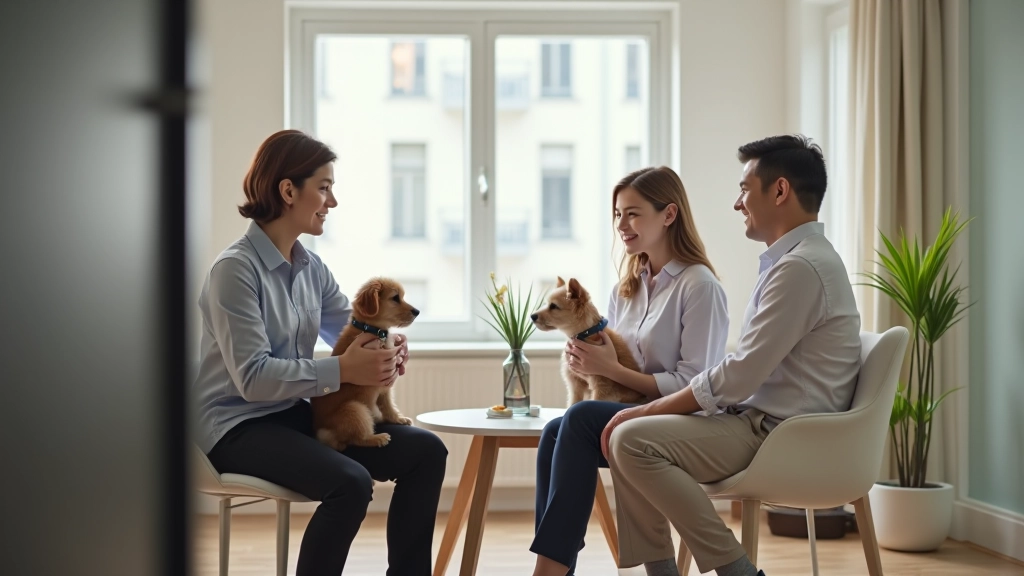 Real estate professional helping family with pet find apartment