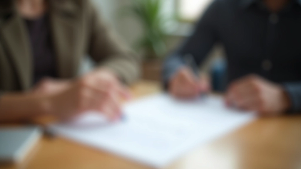 Pet owner signing rental agreement at desk with landlord, documents and pen visible, professional transaction setting